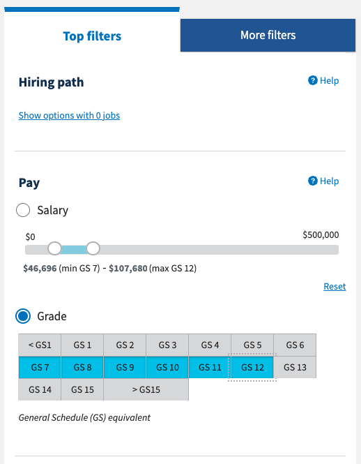 a screen shot from USAJobs website showing the GS grade filter